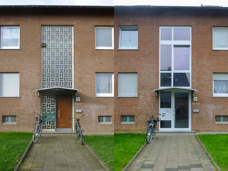 Wohngebäude, Heroal Pfosten-Riegel-Fassade mit Eingangstür C50 HI/ D 72, Vorher/Nachher Vergleich
