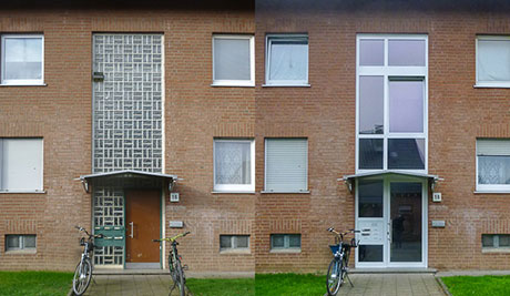 Wohngebäude, Heroal Pfosten-Riegel-Fassade mit Eingangstür C50 HI/ D 72, Vorher/Nachher Vergleich