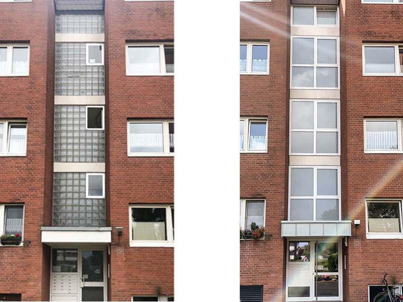 Vorher/Nachher-Ansicht Treppenhausverglasung